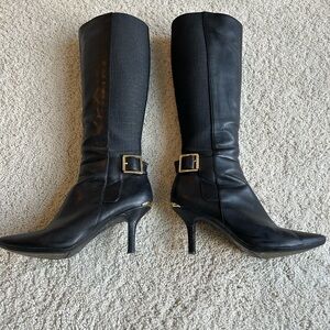 Calvin Klein Julietta Black Heeled Boots with Gold Buckle
